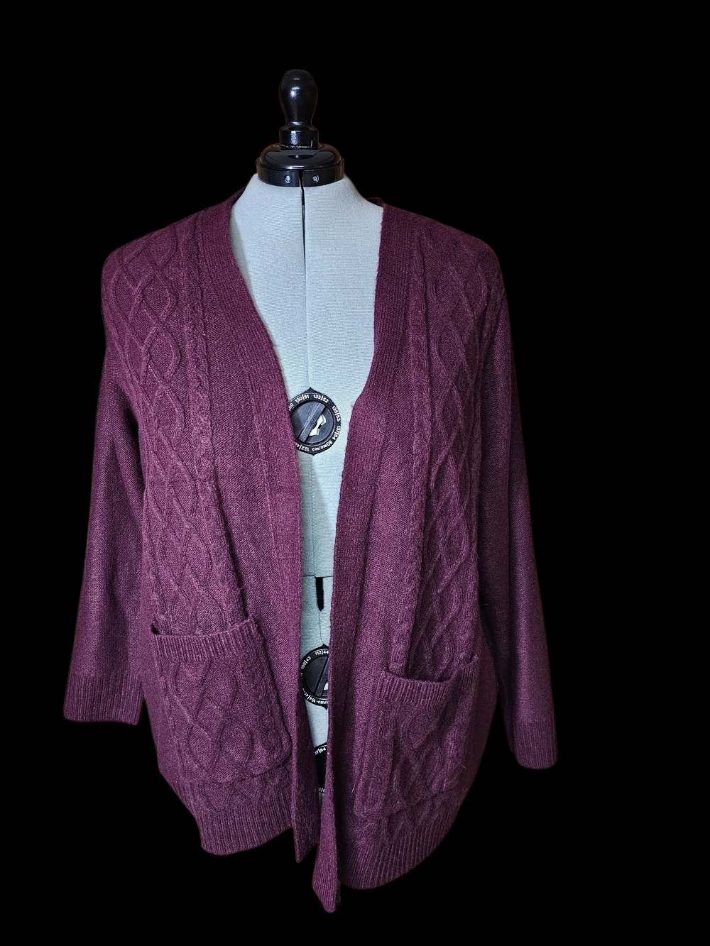 Plum Open-Front Cable Cardigan